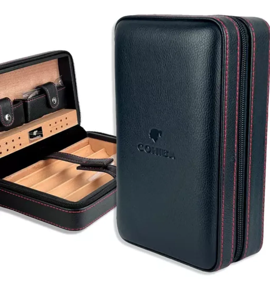 CASE PORTA PARA 4 CHARUTO COURO E CEDRO COM UMIDOR PARA VIAGEM COHIBA